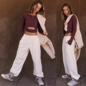 Free People FP Movement All Star Quilted Cotton Blend Joggers Ivory Large NWT